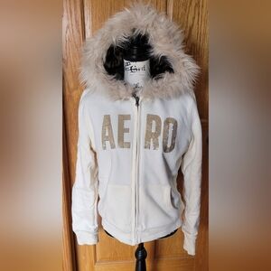 Aeropstale Y2k Vintage Hoodie Cream Gold Fur Trim Hood XXL